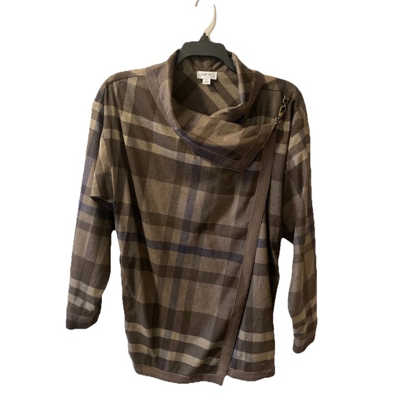 PER SE By Carlisle Plaid Jacket Brown Wrap Buckle 12 Equestrian English Country - Picture 1 of 9